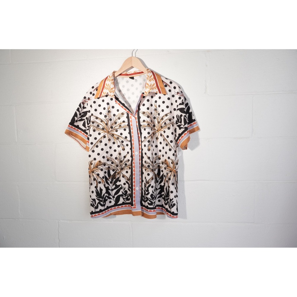 Emery Rose‎ Button Up Shirt Women Large White Tropical Palm Tree Polka Dot Print